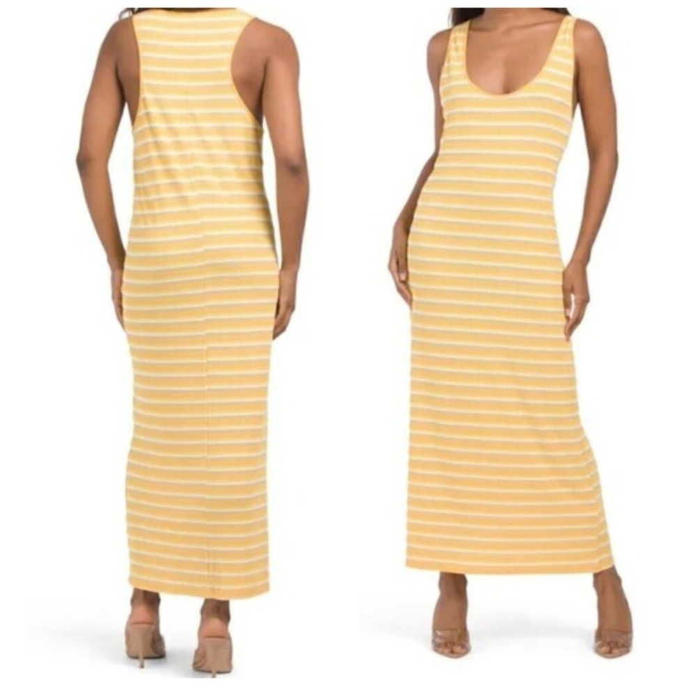 Zara Ribbed Racerback Tank Maxi Dress Women Size S Yellow Tan White Striped‎